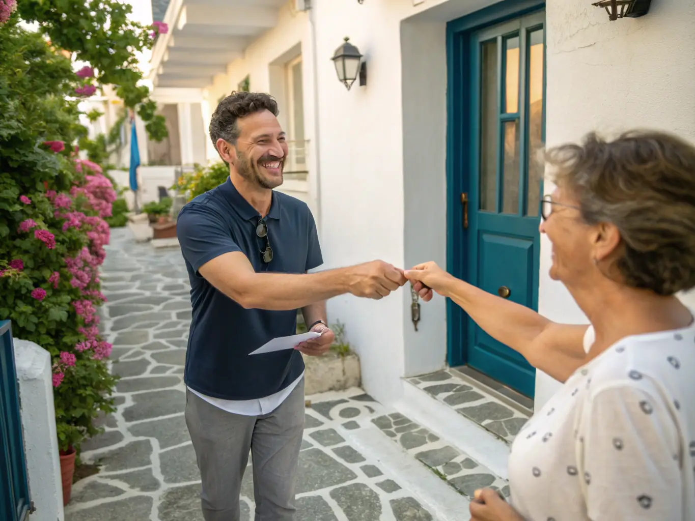 A friendly house sitter greeting a homeowner at a beautiful Greek residence, with keys in hand, symbolizing the trust and security provided by Hestia Blue's house sitting service.