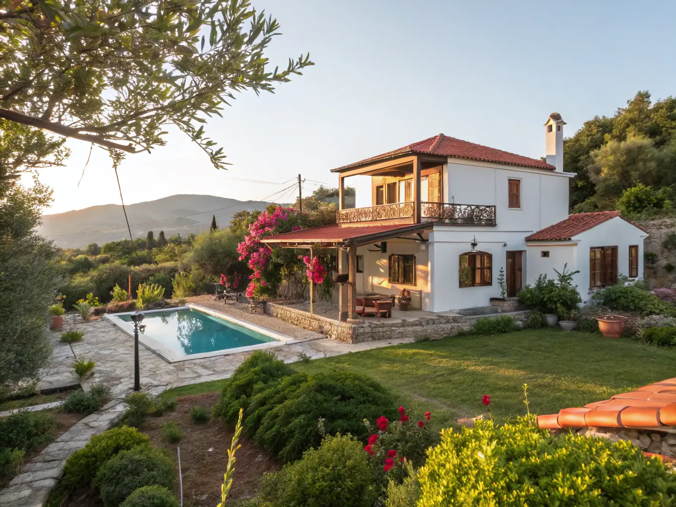 A well-maintained Greek villa with lush gardens and a pristine exterior, showcasing the high standards of property care provided by Hestia Blue.