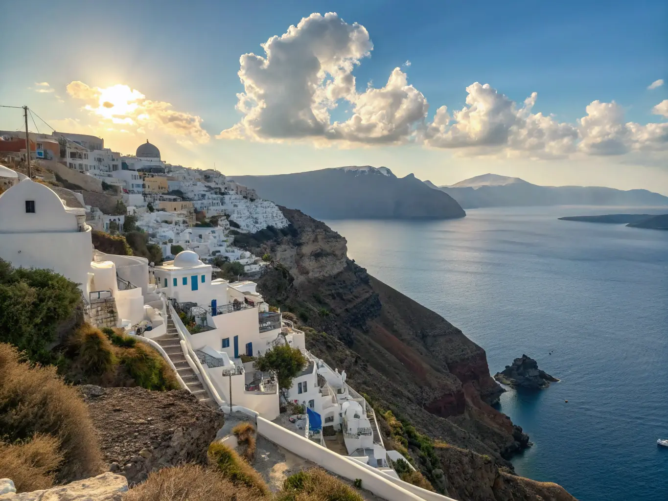 A serene image of a well-maintained villa in Santorini, Greece, showcasing the pristine condition and care provided by Hestia Blue's property management services.