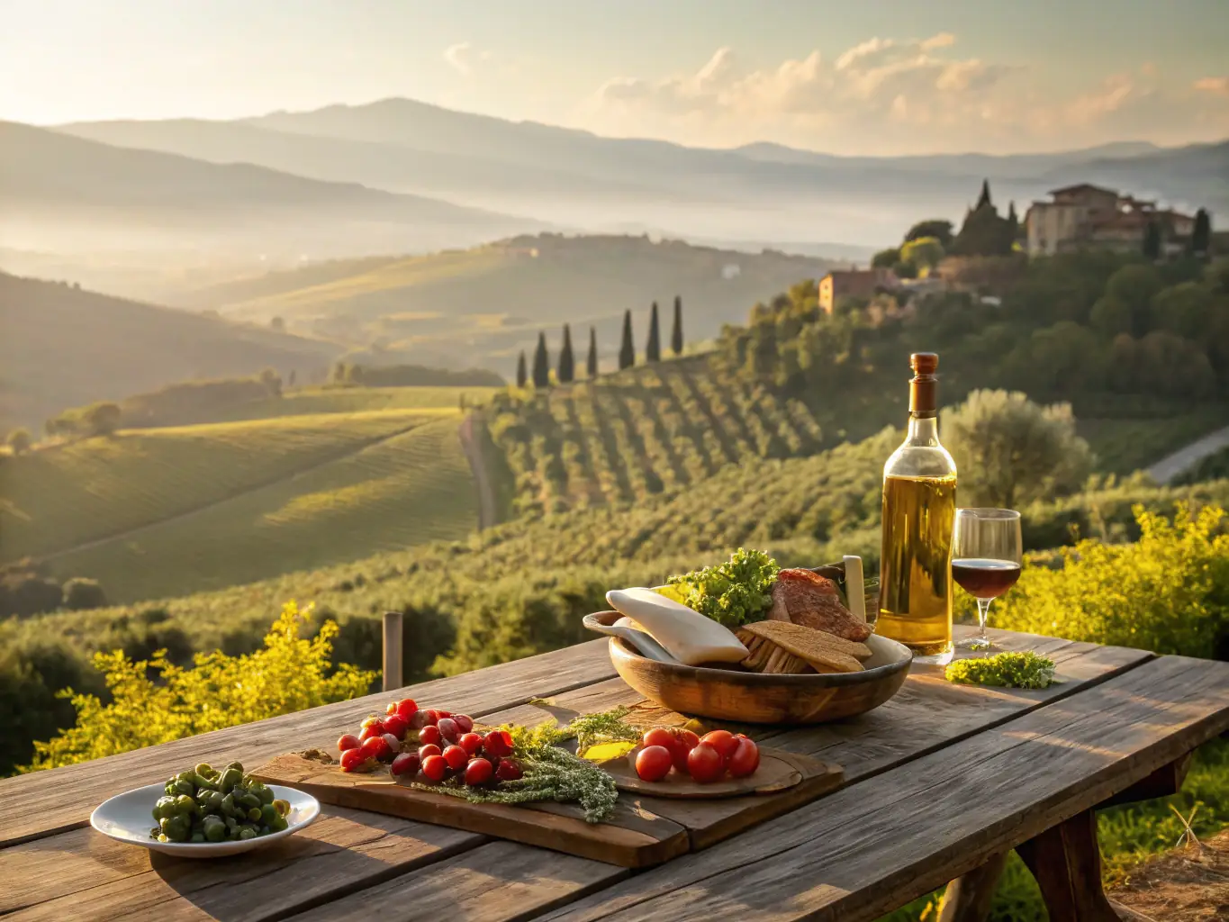 A beautifully set outdoor dining table with traditional Greek dishes and fresh ingredients, representing the authentic Greek cuisine offered through Hestia Blue's optional catering services.