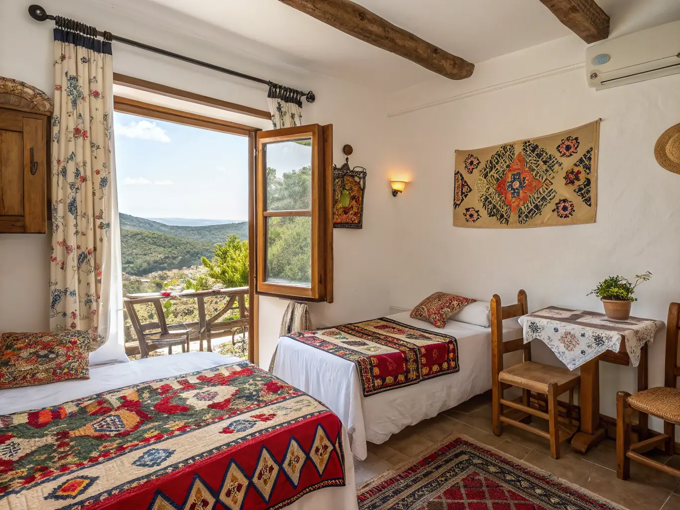 A cozy interior shot of a Greek home with a friendly house sitter reading a book, showcasing the personalized attention and security provided by Hestia Blue's house sitting service.