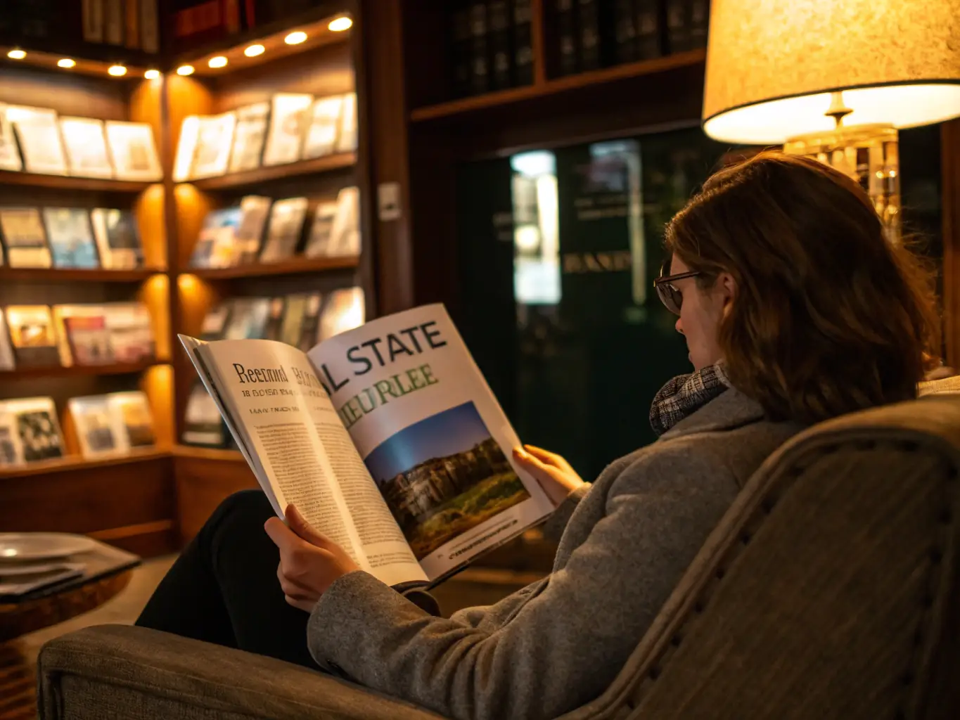 A cozy living room with a house sitter reading a book, illustrating the comfort and security provided by Hestia Blue's house sitting service. The image should evoke a sense of trust and personalized care.