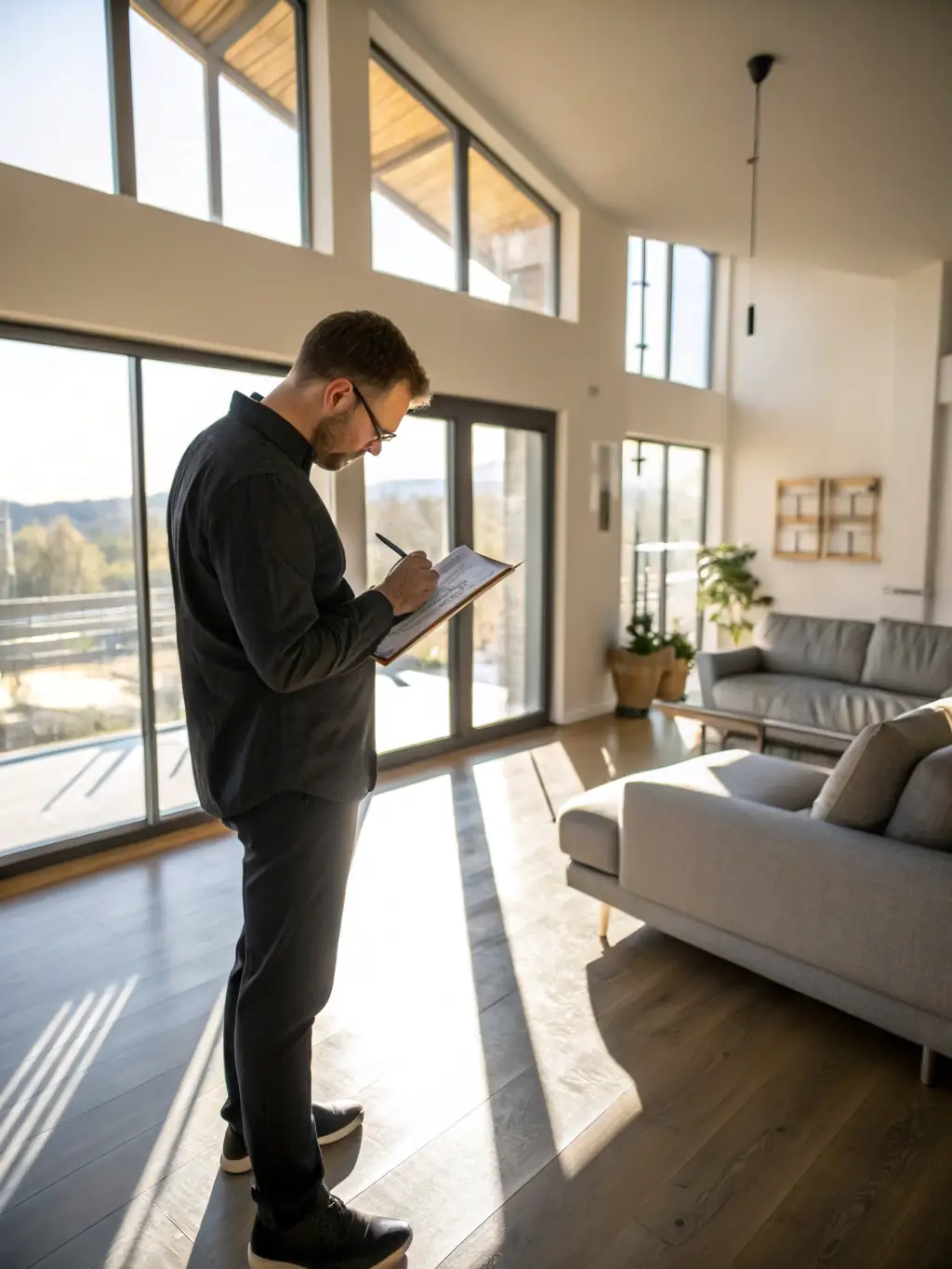 A photo showcasing a Hestia Blue property manager conducting a thorough inspection of a luxury villa in Santorini, Greece, with a checklist in hand, ensuring meticulous attention to detail.