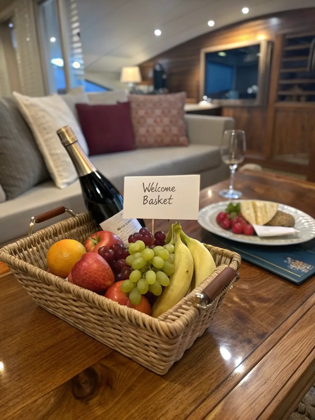 A photo illustrating a Hestia Blue team member providing a welcome basket with local Greek products to guests arriving at a short-term rental property.