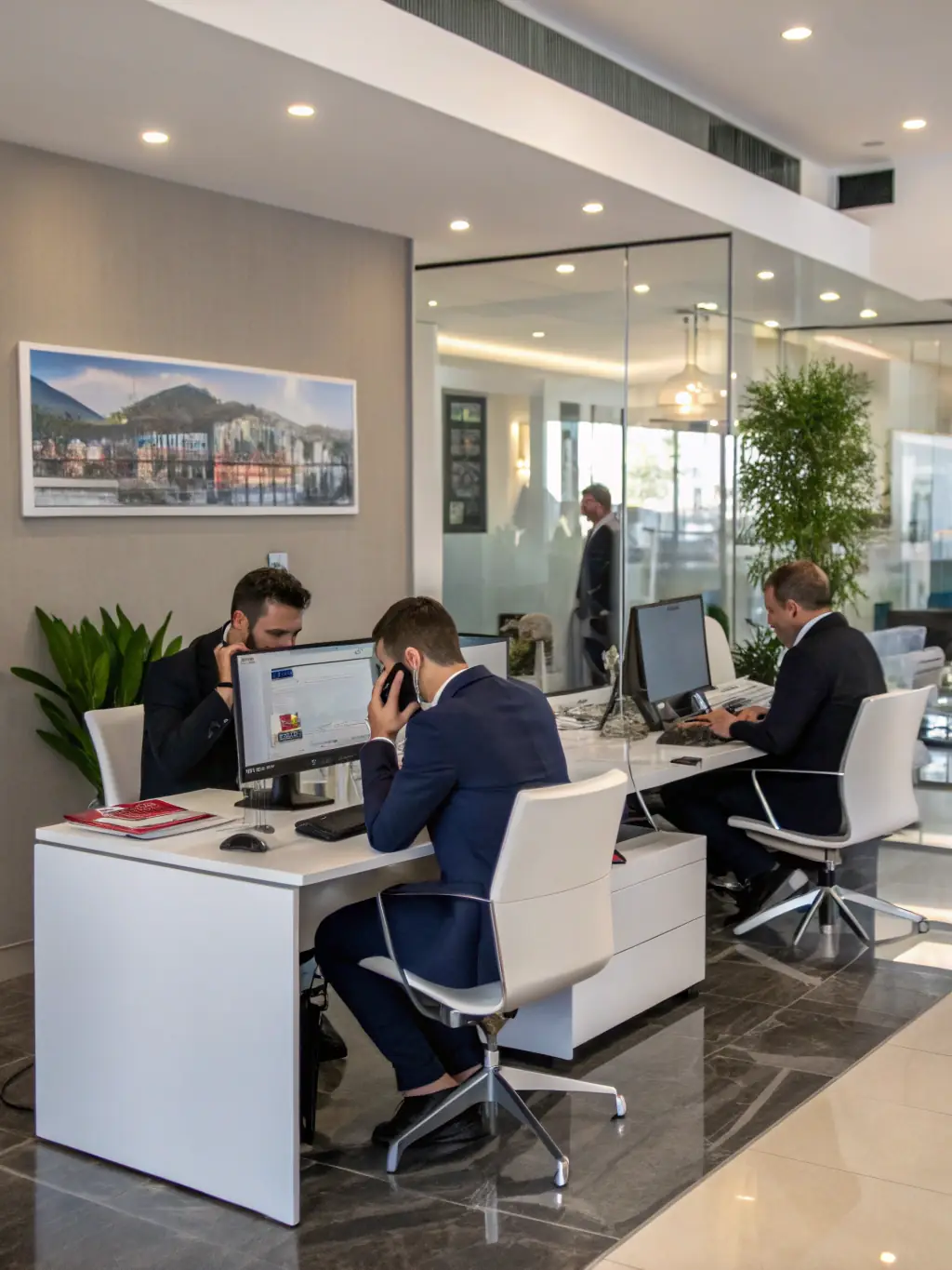 A photo depicting a traditional property management office with multiple desks and employees, giving a sense of a busy, impersonal environment.